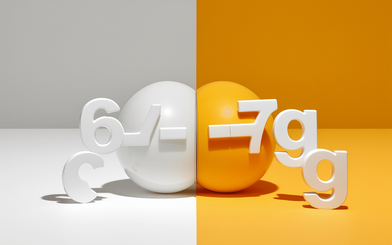 Œuf cassé montrant blanc et jaune avec chiffres 6-7g
