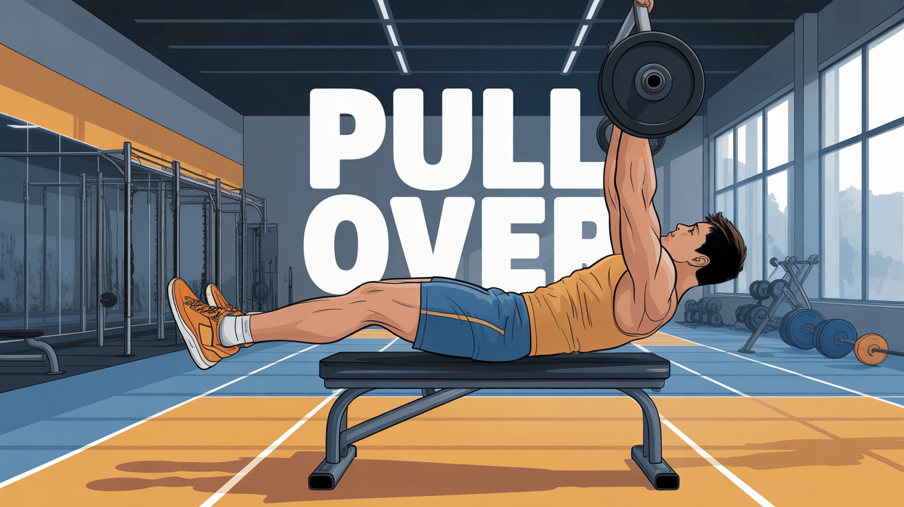 athlète exécutant pull over muscu sur banc avec haltère