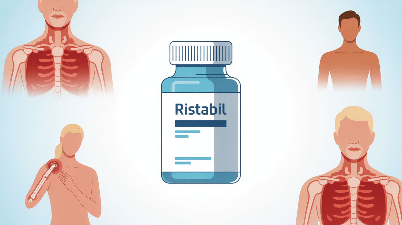 illustration médicale stylisée de ristabil, boîte de médicament et symbole de douleur articulaire