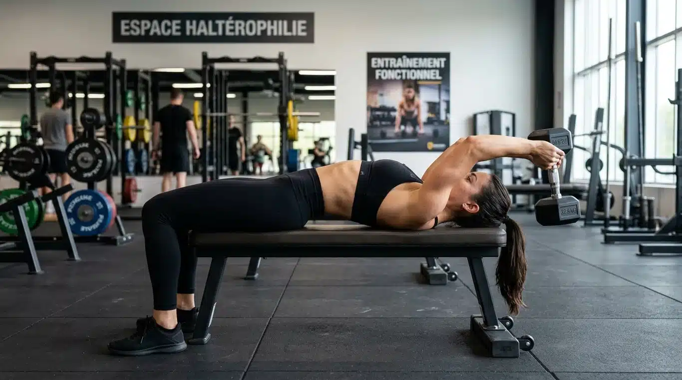 Illustration de l'exécution correcte du pull over avec haltères sur banc plat