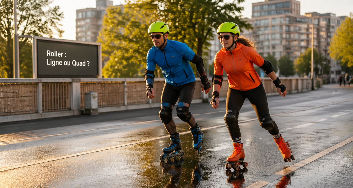 Deux patineurs roller ligne et quad sur piste cyclable