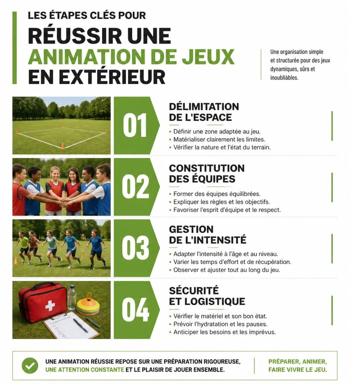 Infographie des étapes clés pour réussir l'organisation de jeux extérieur animation