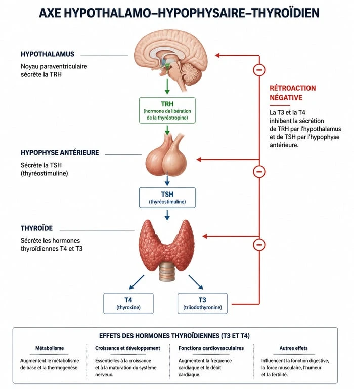 Schéma de la régulation hormonale de la thyroïde et du bilan thyroïdien