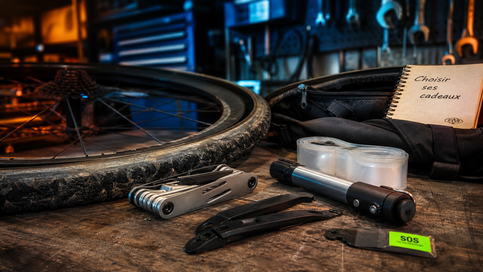 Cadeau pour cycliste : kit de réparation vélo en atelier près d’une roue