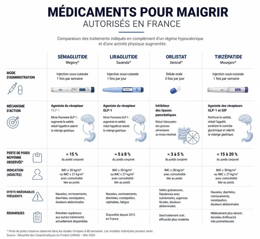 Infographie comparative des médicaments pour maigrir autorisés en France