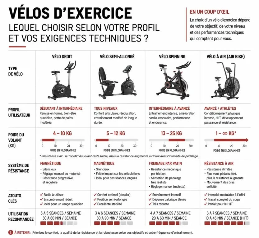 Infographie comparative des types de vélos d'appartement pour choisir le meilleur vélo d'appartement selon son profil et ses besoins techniques.