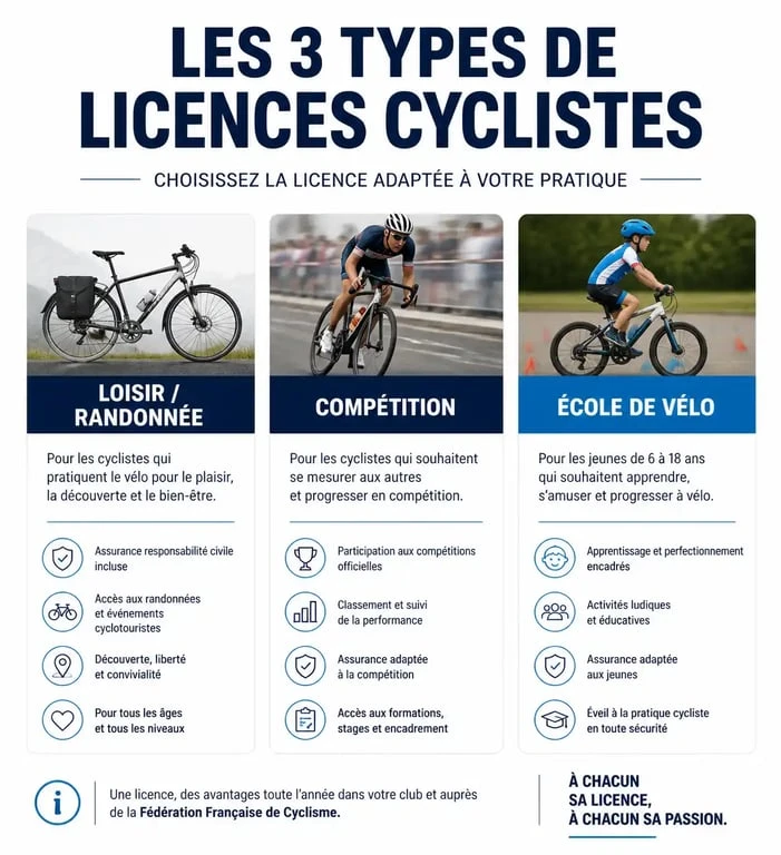 Infographie comparative des types de licences pour rejoindre un vélo club