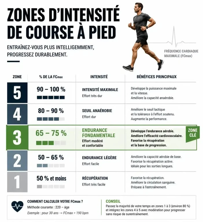 Infographie des zones d'entraînement en course à pied pour calculer son endurance fondamentale