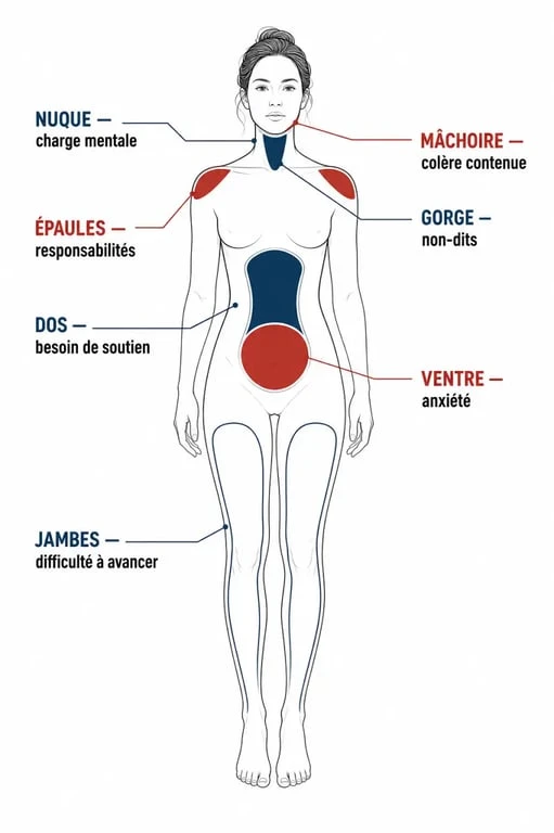 Carte émotionnelle des maux du corps montrant les liens possibles entre zones corporelles et émotions