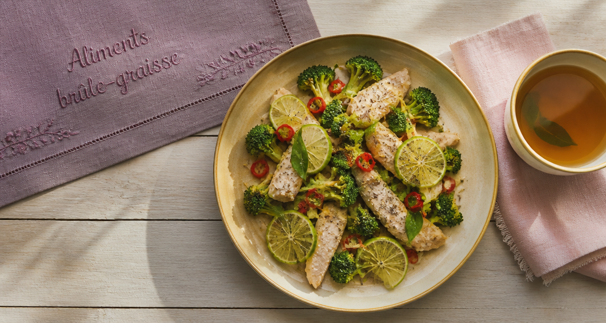 aliments brûle graisse assiette thé vert brocolis gingembre