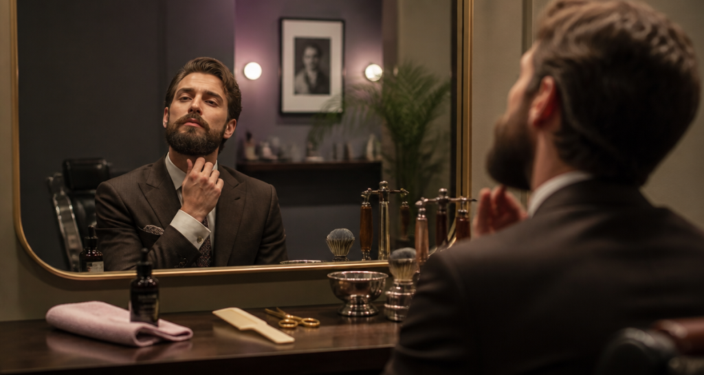 barbe style homme Verdi devant miroir