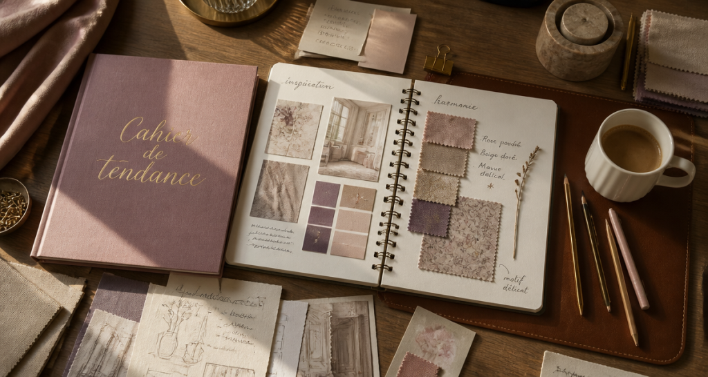 cahier de tendance ouvert avec moodboards et échantillons