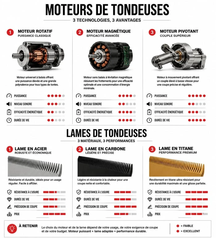 Infographie comparative des moteurs et lames de tondeuses cheveux pour choisir le meilleur modèle