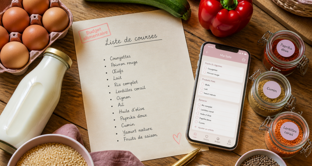 Liste courses alimentaires sur papier et application mobile