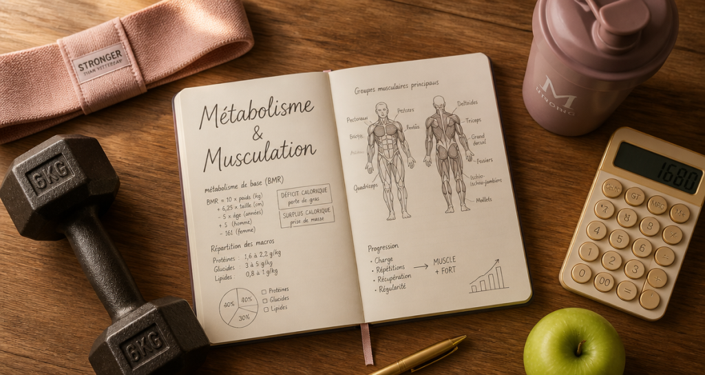 Vue flat-lay métabolisme et musculation avec carnet et haltères