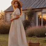 tenue champetre femme robe lin et chapeau paille