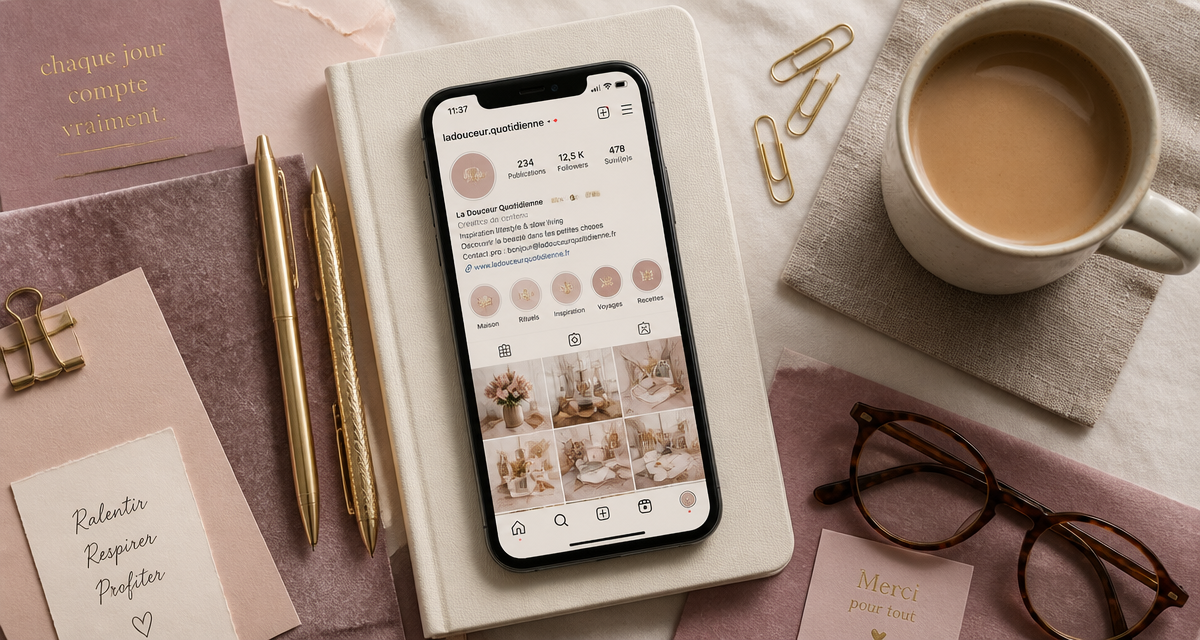 bio instagram stylé smartphone carnet flat-lay
