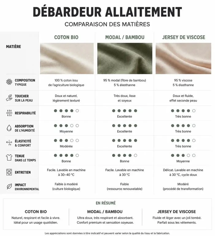 Tableau comparatif des matières pour débardeur allaitement : coton bio, modal et viscose
