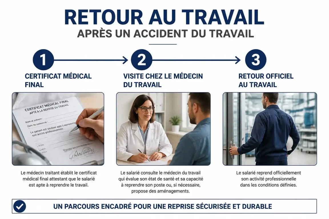Infographie du parcours de reprise après un accident de travail : étapes clés et obligations