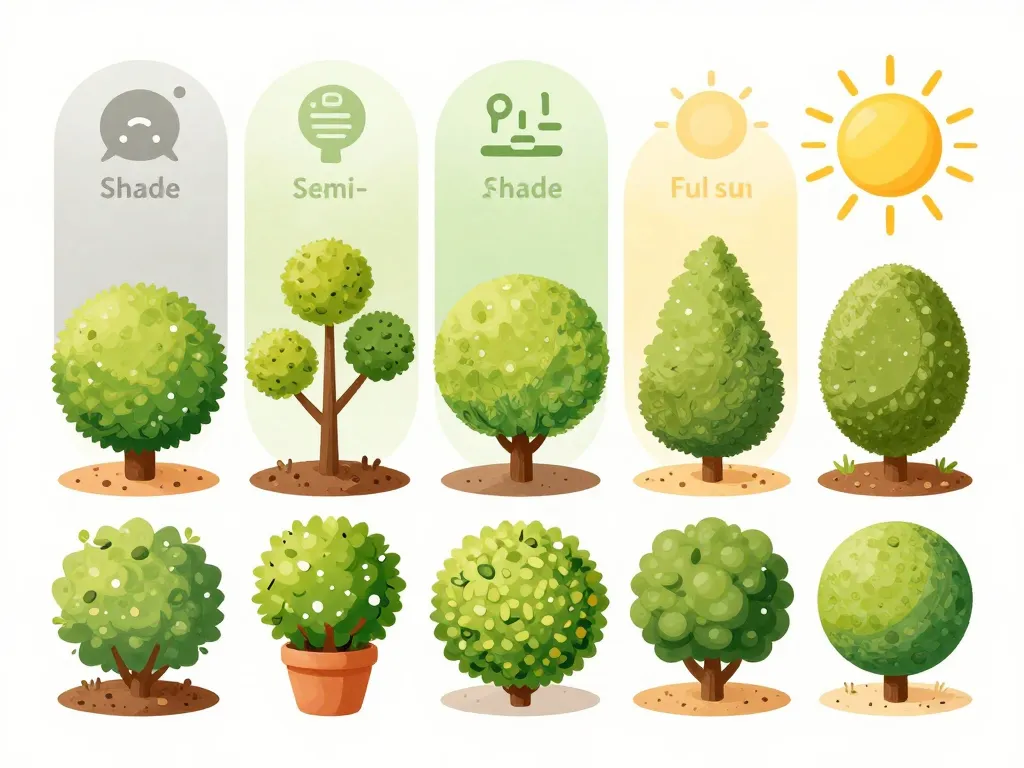 Différents arbustes boule selon exposition et sol dans le jardin