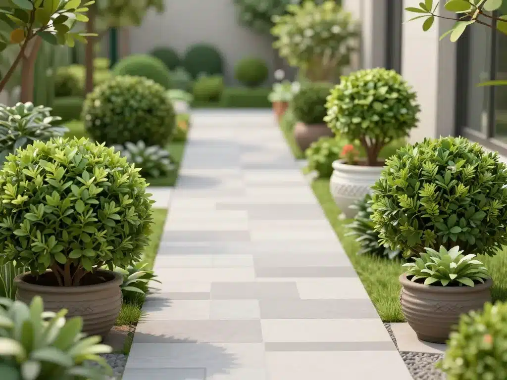 Aménagement de jardin moderne avec arbuste boule en pot et en terre