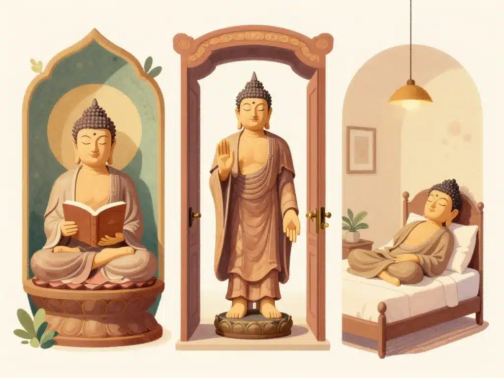 Postures de statue bouddha et symbolique dans l’intérieur