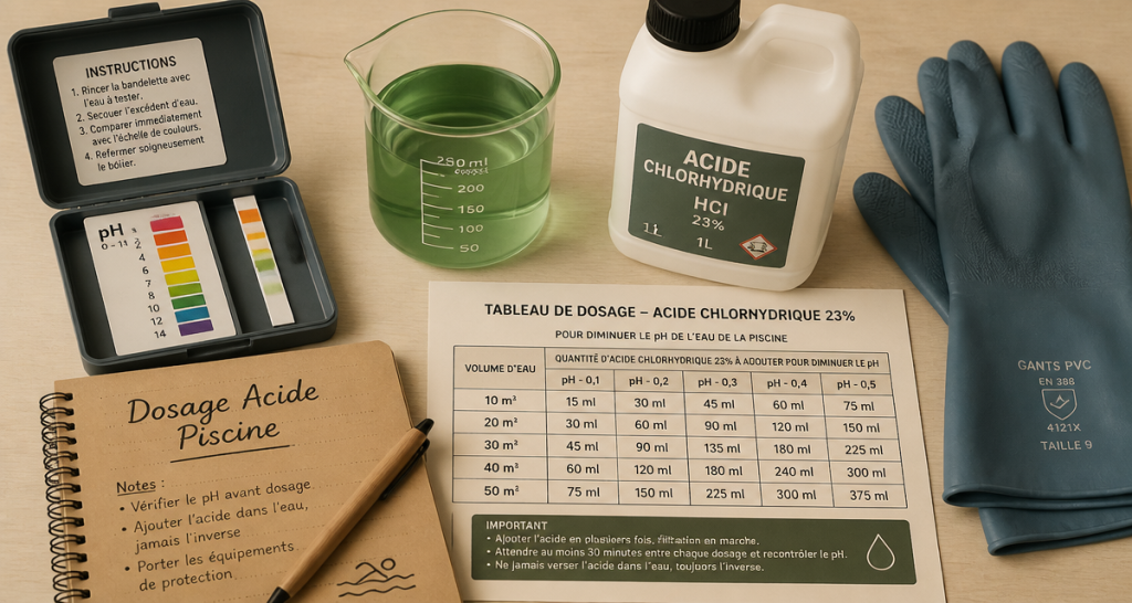 Dosage acide chlorhydrique piscine eau verte, matériel et test pH