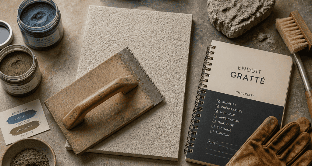 Plan de travail enduit gratte avec outils et pigments