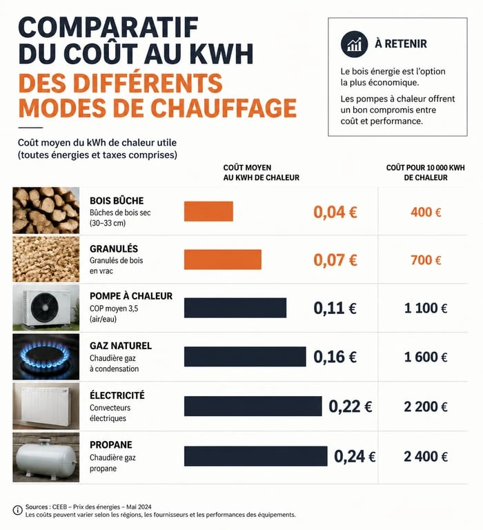 Comparatif des coûts de chauffage par énergie au kWh