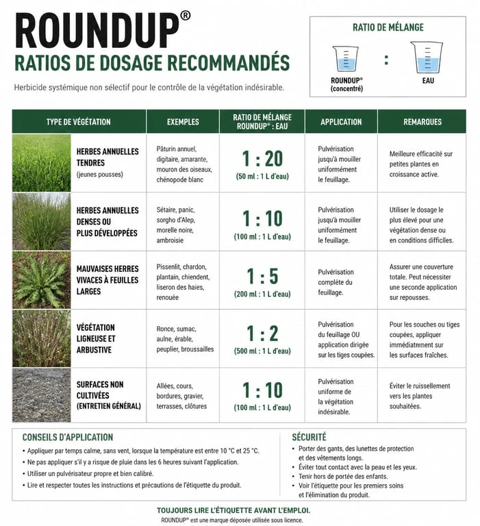 Tableau récapitulatif du dosage Roundup par type de végétation