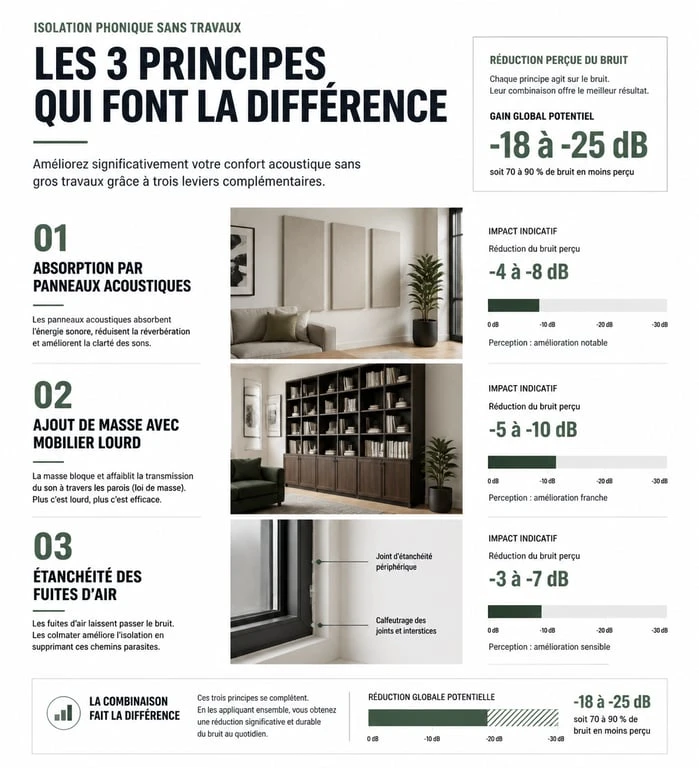 Infographie des principes d'isolation phonique mur chambre sans travaux