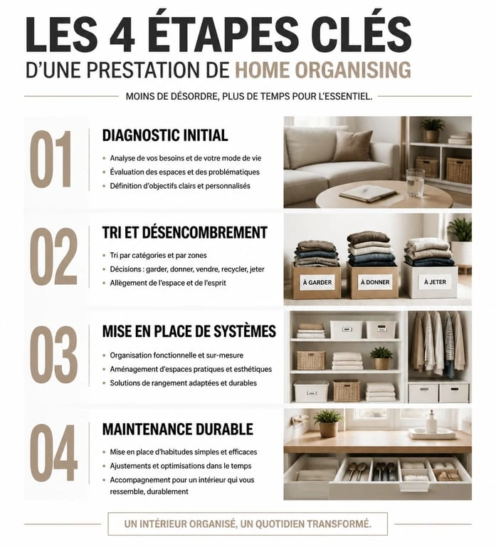 Infographie des étapes d'une prestation d'aide au rangement maison et home organising