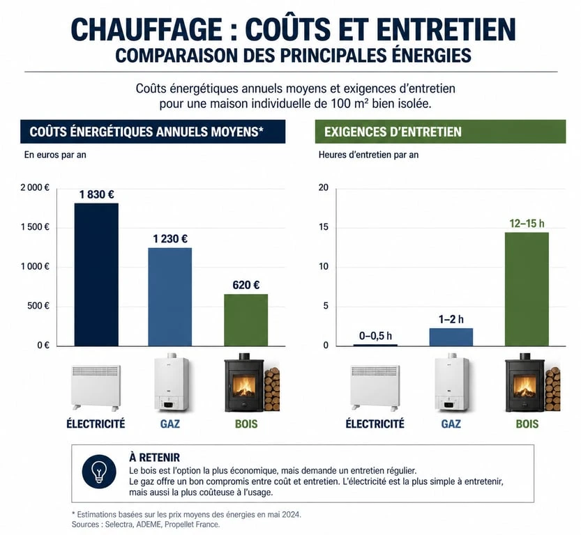 Comparatif des coûts d'installation et d'entretien des systèmes de chauffage individuel électrique, gaz et bois