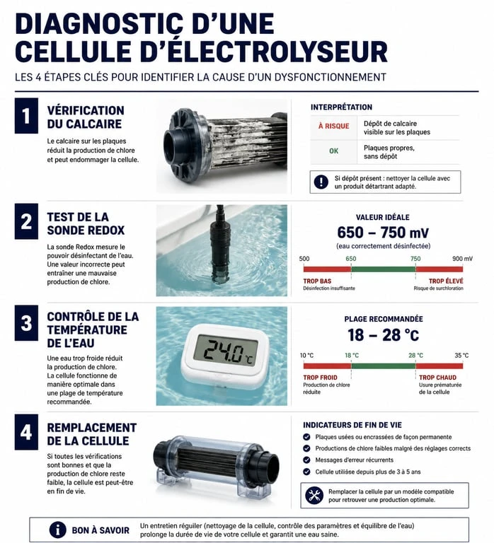 Infographie des étapes de diagnostic et entretien d'une cellule d'électrolyseur pour remonter le taux de chlore piscine au sel