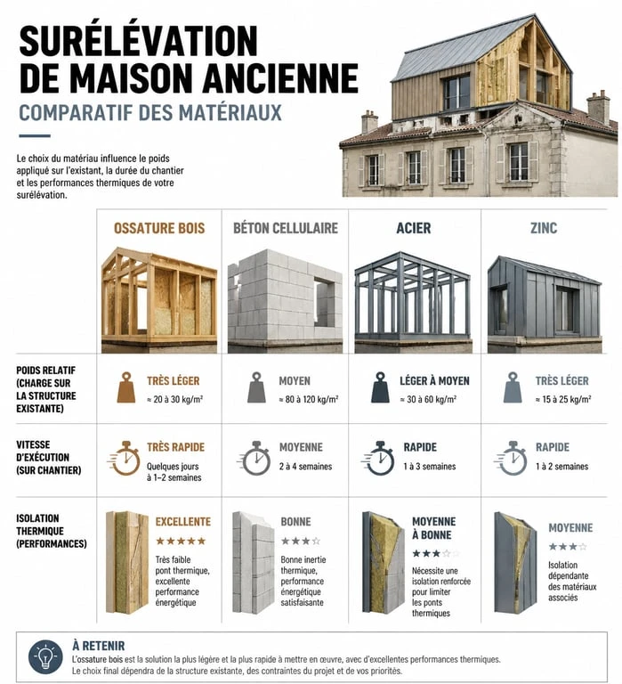 Comparatif des matériaux pour la surélévation d'une maison ancienne : bois, béton, acier et zinc.