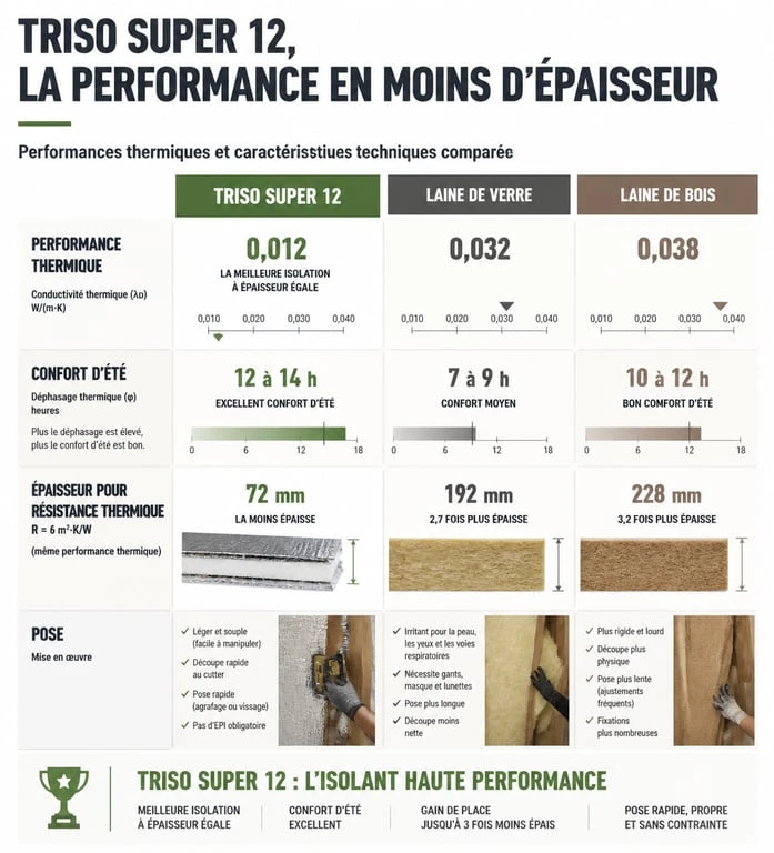 Comparatif technique isolant Triso Super 12 vs laine de verre et laine de bois pour toiture