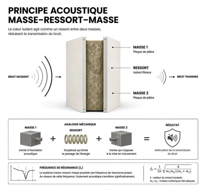 Schéma du principe masse-ressort-masse pour l'isolation phonique d'une cloison entre deux chambres