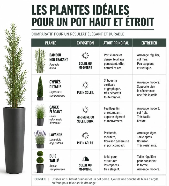 Tableau comparatif des meilleures plantes pour un pot haut et étroit : Sansevieria, Agapanthe, Buis et Phormium.