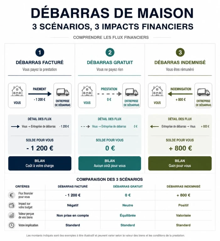 Infographie comparative des options de débarras maison : facturé, gratuit ou indemnisé.