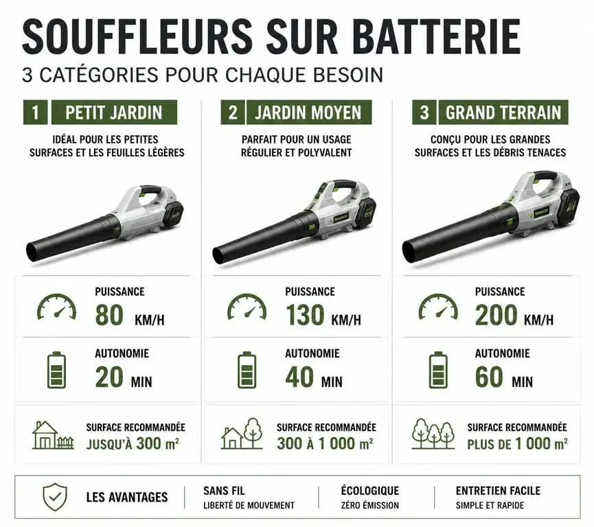 Infographie comparative des performances des meilleurs souffleurs sur batterie selon l'usage