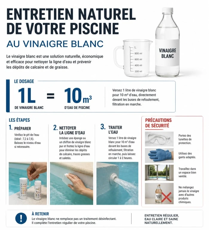 Infographie explicative sur l'utilisation du vinaigre blanc pour l'entretien de piscine et le dosage recommandé