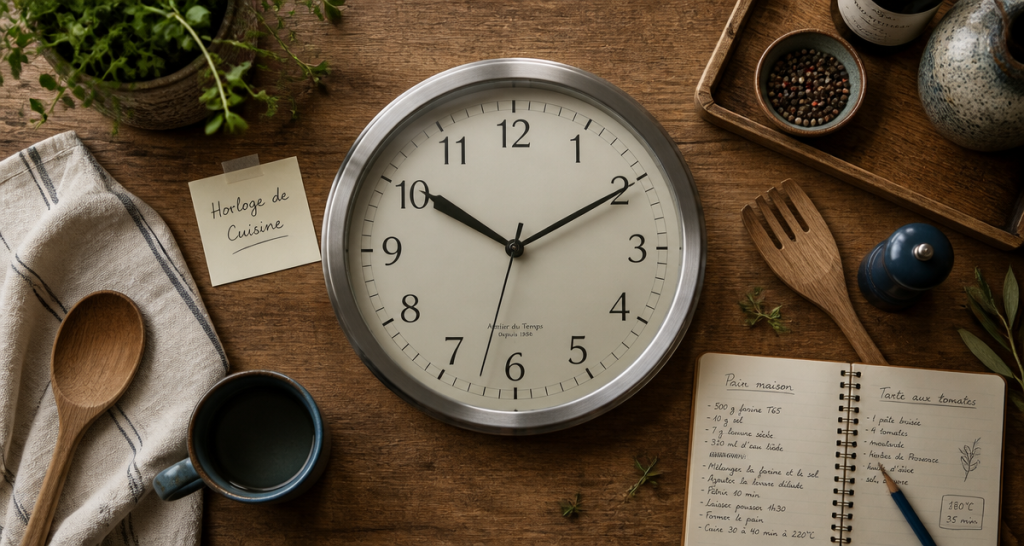 horloge cuisine inox sur plan de travail moderne