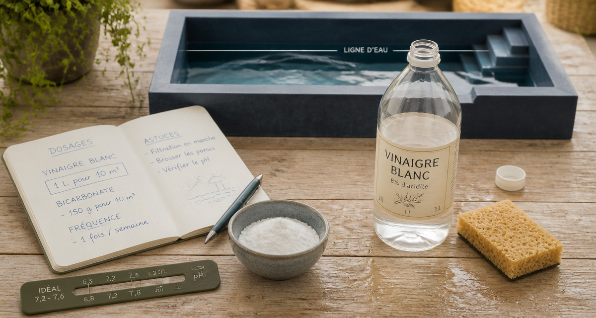 vinaigre blanc piscine sur table avec accessoires