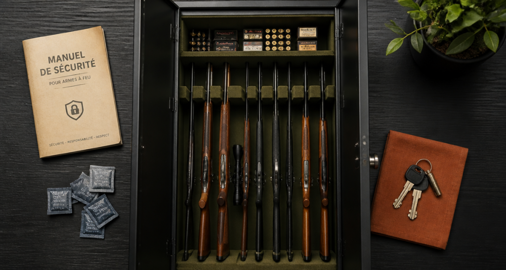 armoire à fusils ouverte avec fusils rangés