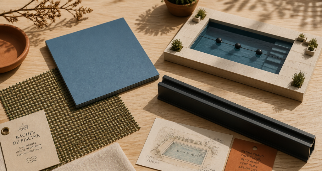 baches hiver piscine echantillons sur table