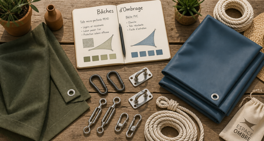Baches ombrage micro-perforée et PVC sur table de jardin