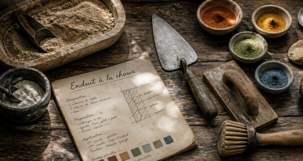 Chaux enduit outils anciens et mélanges sur établi
