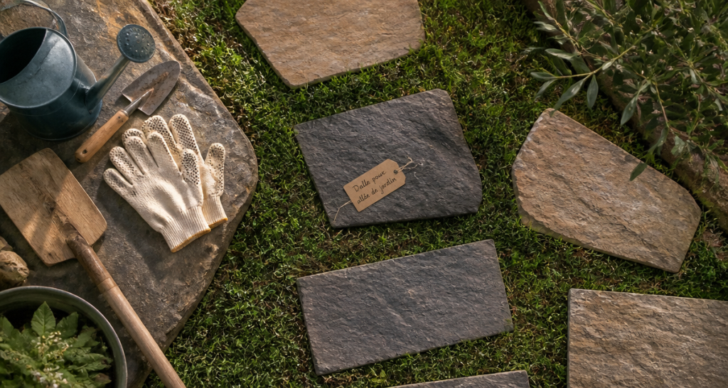dalle allee de jardin en ardoise et gres sur pelouse