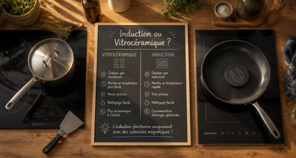 difference entre induction et vitrocéramique sur un plan de travail