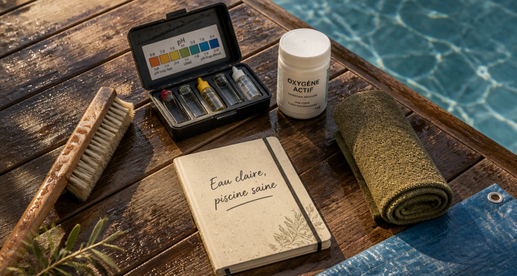 Enlever algues piscine naturellement avec brosse, test pH et oxygène actif